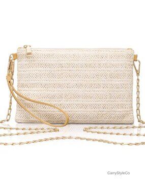 Natural Straw Clutch Purses with Wrist Strap and Chain
